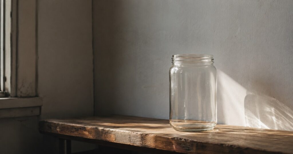 Batería virtual: un tarro de cristal vacío en una estantería de madera a contraluz