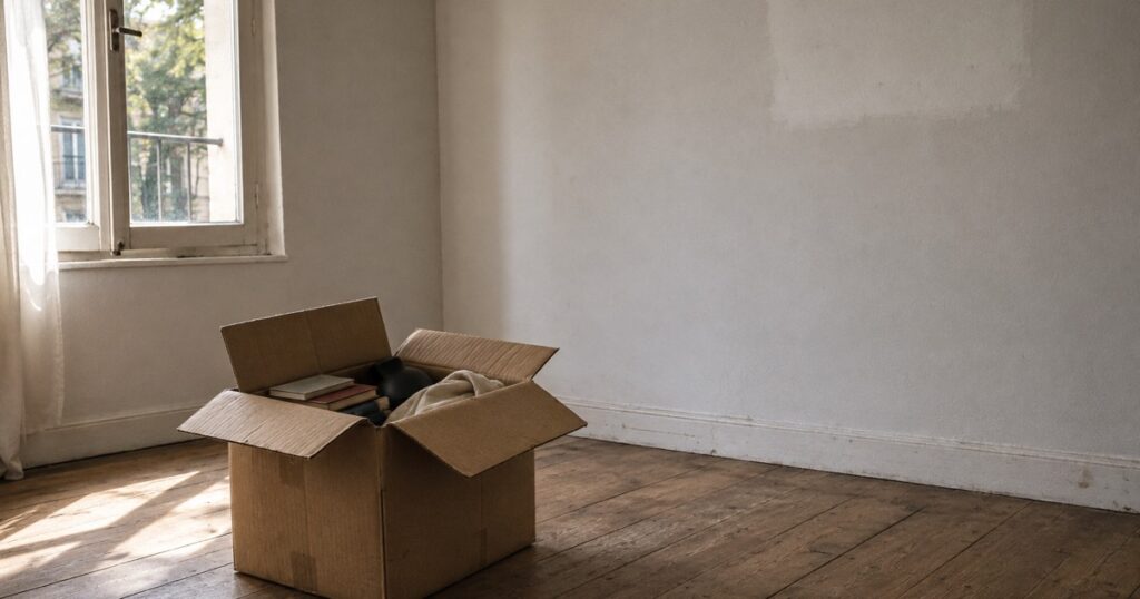 Caja de mudanza a medio llenar en una habitación vacía, con la marca de un cuadro en la pared