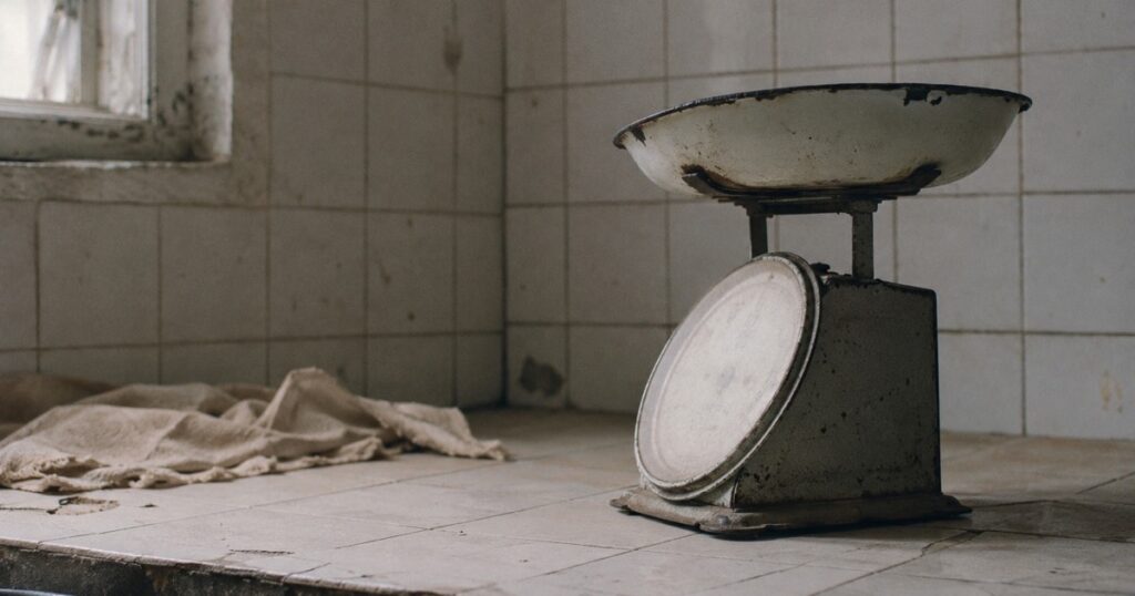 Balanza mecánica de cocina antigua sobre una encimera alicatada